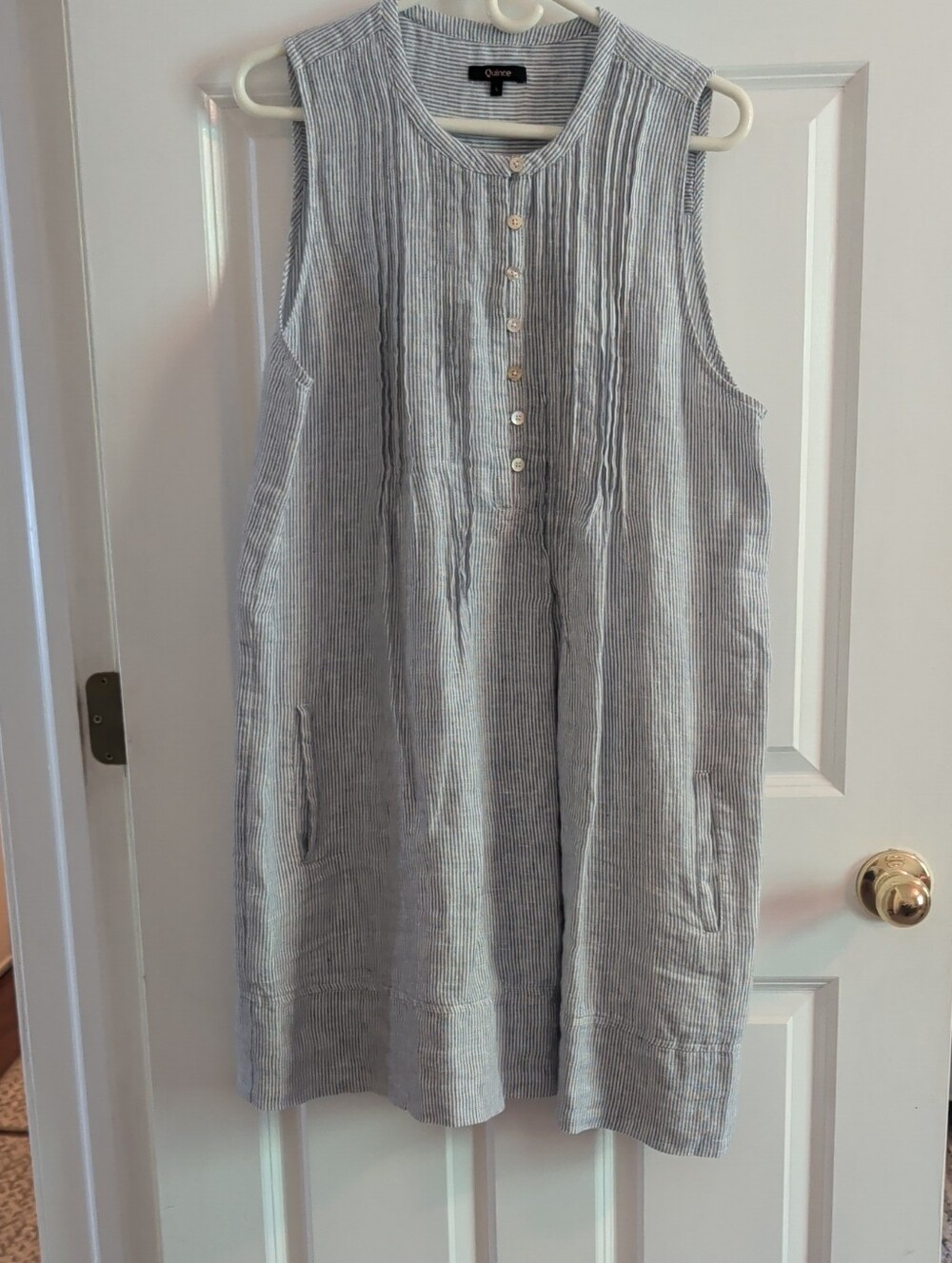 Quince Sleeveless Light Blue Pinstripe 100% Linen Swing Midi Dress L